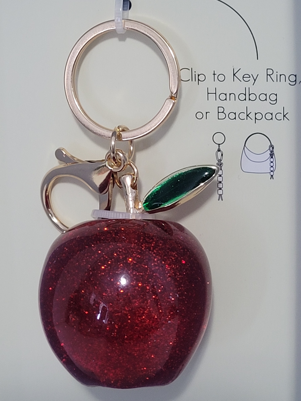 nOir Red Glitter Apple Charm Keychain with Green Leaf